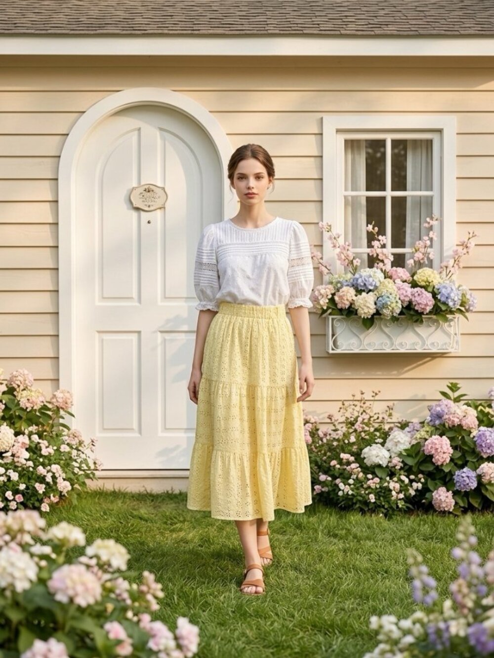 LOFT Yellow Eyelet Tiered Midi Skirt Size Small Cottagecore
